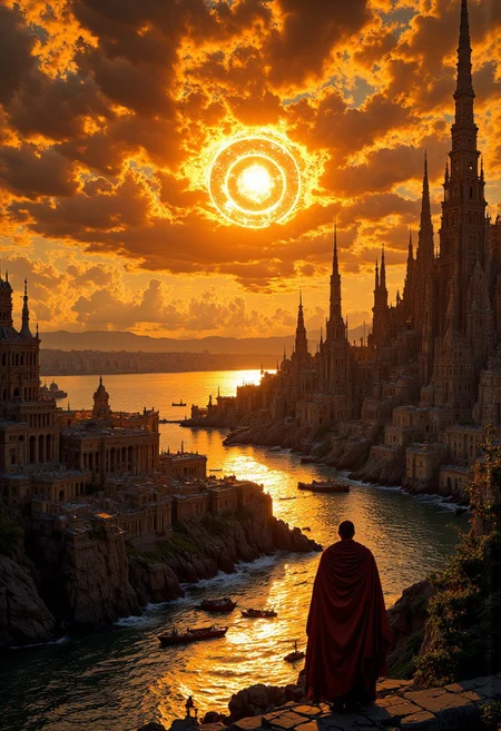 « The old sun set and cast up a fan of color. Sunset faded; white lights shone from the city, and music wafted across the water. »