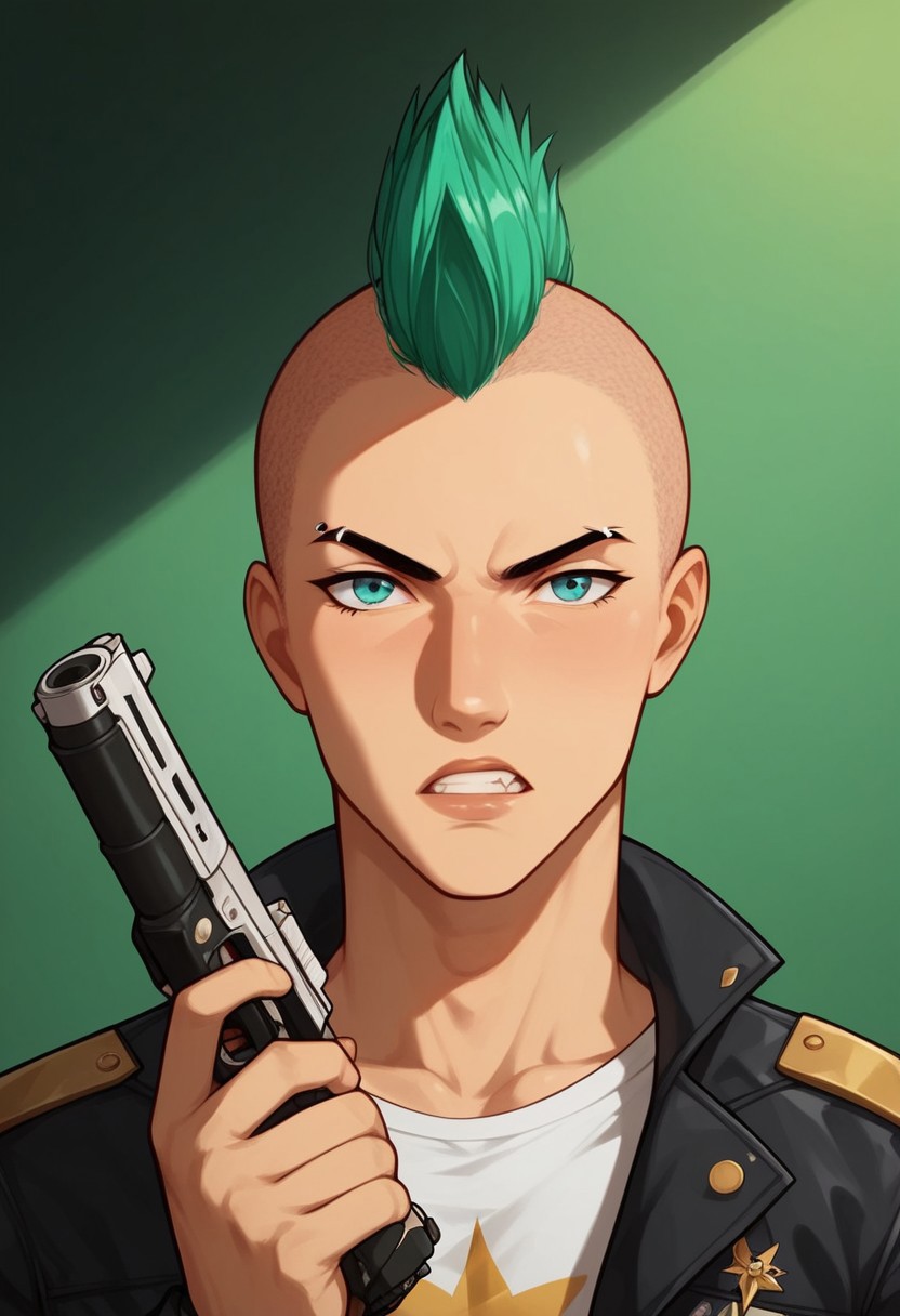score_9, score_8_up, score_7_up, score_6_up, score_5_up, source_anime, d3t41l3d, misterppstyle, (masterpiece, high quality), uncensored, extremely detailed face, expressiveh, ((perfect eyes)), day, 1 man in shot, BREAK, solo, 
SplatterPunk , PonyXLV6_Scores , masculine,solo, (cowboy shot:1.3 , standing :1.3 , looking at viewer ) , masterpiece, jacket, graphic shirt, dangerous face , angry face ,  blue spiked hair , punk aesthetic , tatoo on arms ,
cmxbbespx, sci fi gun, weapon, holding, holding gun, holding weapon,clenched hands,
Mohawk hairstyle , bright green dyed hair, bright green hair,