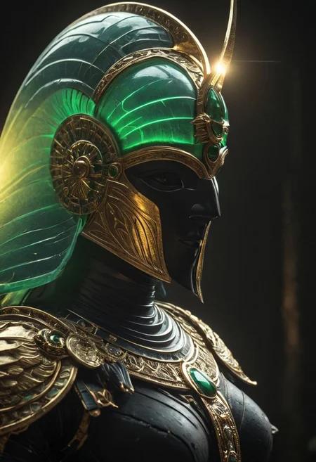 Close-up photo of pureerosface_v1 Ra, the Egyptian Pale skinned hkmagic sun goddess, wearing a Teslacoil inspired black knight armor and a detailed, ornate helmet. She holds a spear that glows with translucent Green/yellow high voltage scarab gemstone in the hot Egyptian sun, resembling an Egyptian scepter. In the background, under the pale sunlight, the brand-new white-tinted pyramids can be seen, pristine and reflecting the sun., deep blacks, atmospheric haze, shrouded DARK Background, Film grain, very detailed, simple, Gradient,, atmospheric haze, Film grain, cinematic film still, shallow depth of field, highly detailed, high budget, cinemascope, moody, epic, OverallDetail, 2000s vintage RAW photo, photorealistic, candid camera, color graded cinematic, eye catchlights, atmospheric lighting, imperfections, natural, shallow dof