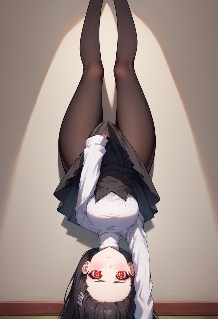 score_9, score_8_up, source_anime, 1girl, solo, RioBase, black hair, red eyes, ringed eyes, white pupils, hairclip, white turtleneck sweater, black skirt, black pantyhose, <lora:ChamRioTsukatsukiPonyXL-000007:1>, <lora:ChamLycorisChallengePonyXL:1> LycorisChallenge, one arm handstand, upside-down, covering crotch