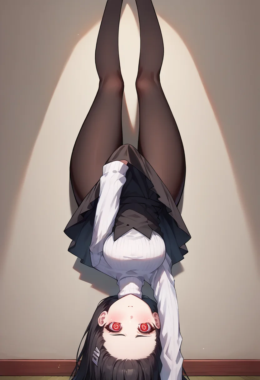 score_9, score_8_up, source_anime, 1girl, solo, RioBase, black hair, red eyes, ringed eyes, white pupils, hairclip, white turtleneck sweater, black skirt, black pantyhose, <lora:ChamRioTsukatsukiPonyXL-000007:1>, <lora:ChamLycorisChallengePonyXL:1> LycorisChallenge, one arm handstand, upside-down, covering crotch