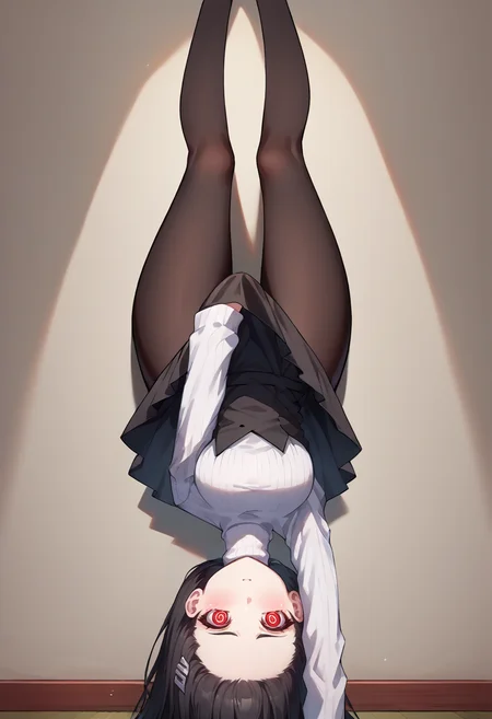score_9, score_8_up, source_anime, 1girl, solo, RioBase, black hair, red eyes, ringed eyes, white pupils, hairclip, white turtleneck sweater, black skirt, black pantyhose, <lora:ChamRioTsukatsukiPonyXL-000007:1>, <lora:ChamLycorisChallengePonyXL:1> LycorisChallenge, one arm handstand, upside-down, covering crotch