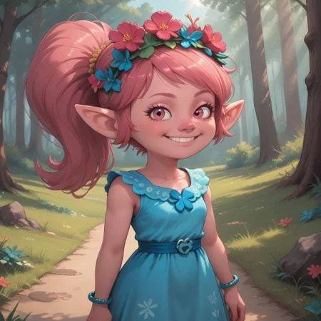 score_9, score_8, BREAK, solo, Poppy_(\Trolls\), pink skin, pink hair, pink nose, ponytail, pink eyes, pointy ears, bracelet, hair flower, head wreath, cyan dress, barefoot, sexy pose, self portrait, smile, outdoors, sunlight, shadows, evening lighting, natural lighting, forest, trees, grass, orange sky, sunset