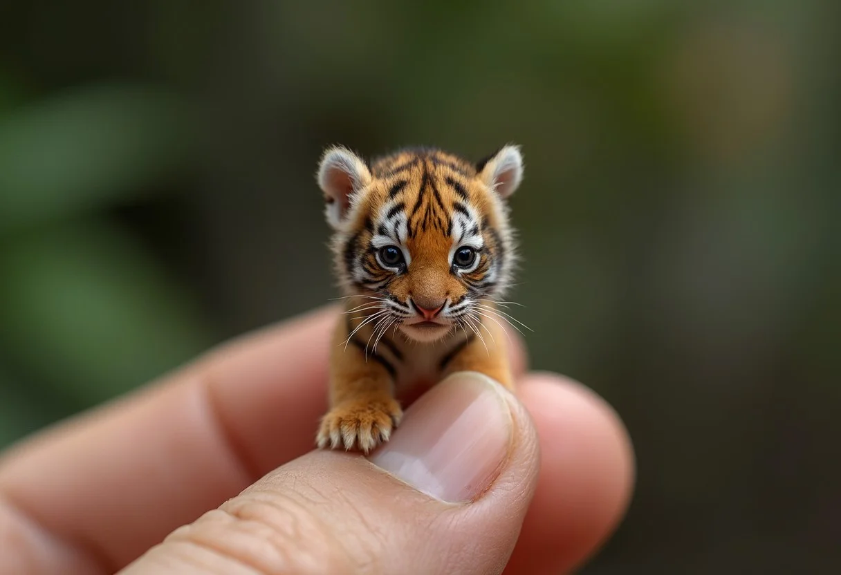National Geographic-style macro photograph of a tiny tiger cub standing on a human fingertip. The tiger has natural orange and black stripes, with soft, realistic lighting that avoids any overly bright or artificial look. The skin texture of the fingertip is detailed and authentic, with a softly blurred background that enhances the focus on the tiny tiger. The overall image should convey a sense of wonder and realism, capturing the delicate and natural beauty of the scene.