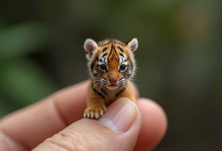 National Geographic-style macro photograph of a tiny tiger cub standing on a human fingertip. The tiger has natural orange and black stripes, with soft, realistic lighting that avoids any overly bright or artificial look. The skin texture of the fingertip is detailed and authentic, with a softly blurred background that enhances the focus on the tiny tiger. The overall image should convey a sense of wonder and realism, capturing the delicate and natural beauty of the scene.