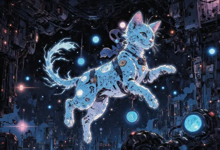 A whimsical celestial kitten floating gracefully in a sea of dark space, its ethereal form constructed entirely of glowing numerical digits. The kitten's body is a dynamic swirl of ones, twos, and threes, curling and looping to create a sense of soft, plush fur. Its eyes, twin orbs of zeroes, gleam with a playful intelligence, reflecting the distant stars scattered across the cosmic backdrop. A tail of alternating digits—fives and nines—waves behind it, trailing off into infinity. The creature's paws are delicately crafted from fours and sixes, with digits extending into tiny claws that appear ready to navigate the numerical cosmos. Suspended around its neck is a collar made of alternating eight and two figures, which, when combined, create an infinity symbol. As the kitten reaches out with its digit-laden paw, the viewer can almost feel the warmth of its touch. The background is a mesmerizing tapestry of galaxies, nebulae, and swirling cosmic dust, with the occasional numbered star twinkling in the vast expanse. The overall effect is one of playful curiosity and boundless potential, as this feline embodiment of numerical wonder explores the infinite realms of the universe.
<lora:Anime v1.3:1.2> <lora:Blue_Future:0.9> <lora:Ethereal_Brush_Anime_v1.0:0.6> <lora:It's a LoRA for portraits, BUT! actually specialized in backgrounds. v1.0:0.2>