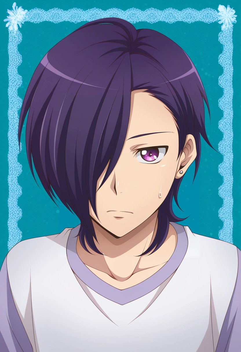 masterpiece, best quality, intricate details, (photorealistic:0.6),, 1boy, solo, male focus, <lora:hanzou_urushihara_ilxl:0.92>, hanzou_urushihara, purple hair, purple eyes, hair over one eye, short hair, , ,