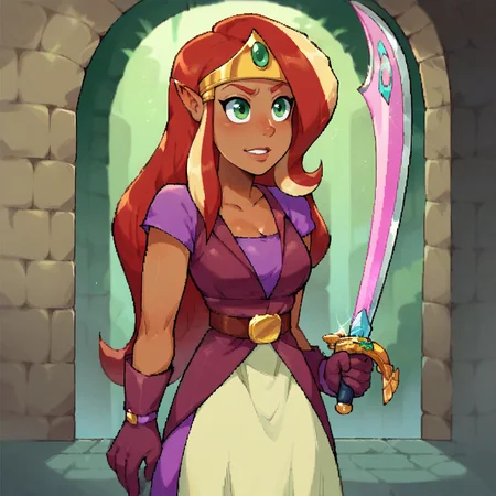 score_9, woman, solo, arzette, <lora:Arzette:0.8> green eyes,dark skin,dark-skinned female,long hair,red hair,blonde hair,pointy ears, oekaki, gloves, dress, tiara, sword, <lora:MindsEdge_XL:0.7> mindsedge