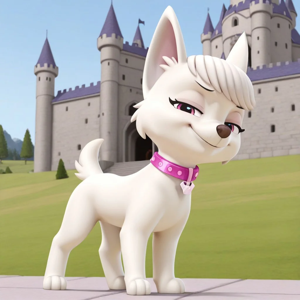 Sweetie(PP), solo, 1girl, feral, dog, dog girl, West Highland White Terrier, white fur, bangs, pointed dog ears, dog tail, short tail, pink eyes, pink collar, crown shaped dog tag, full body, looking at viewer, standing, smile, eyes half closed, smug expression, outdoors, castle setting,