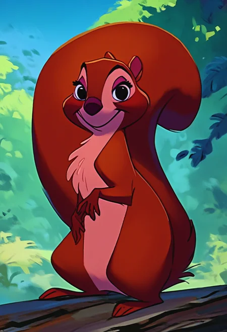(best quality), score_9, score_8_up, score_7_up, score_6_up, score_5_up, score_4_up, source_furry, source_cartoon, outdoors, BREAK, <lora:Girl_Squirrel_Hazel_the_Sword_in_the_Stone_Pony-000010:1>, hazel_\(sits\), tree squirrel, 1girl, feral, tail, solo, red fur, closed mouth, smile, standing upright, looking at viewer, full body