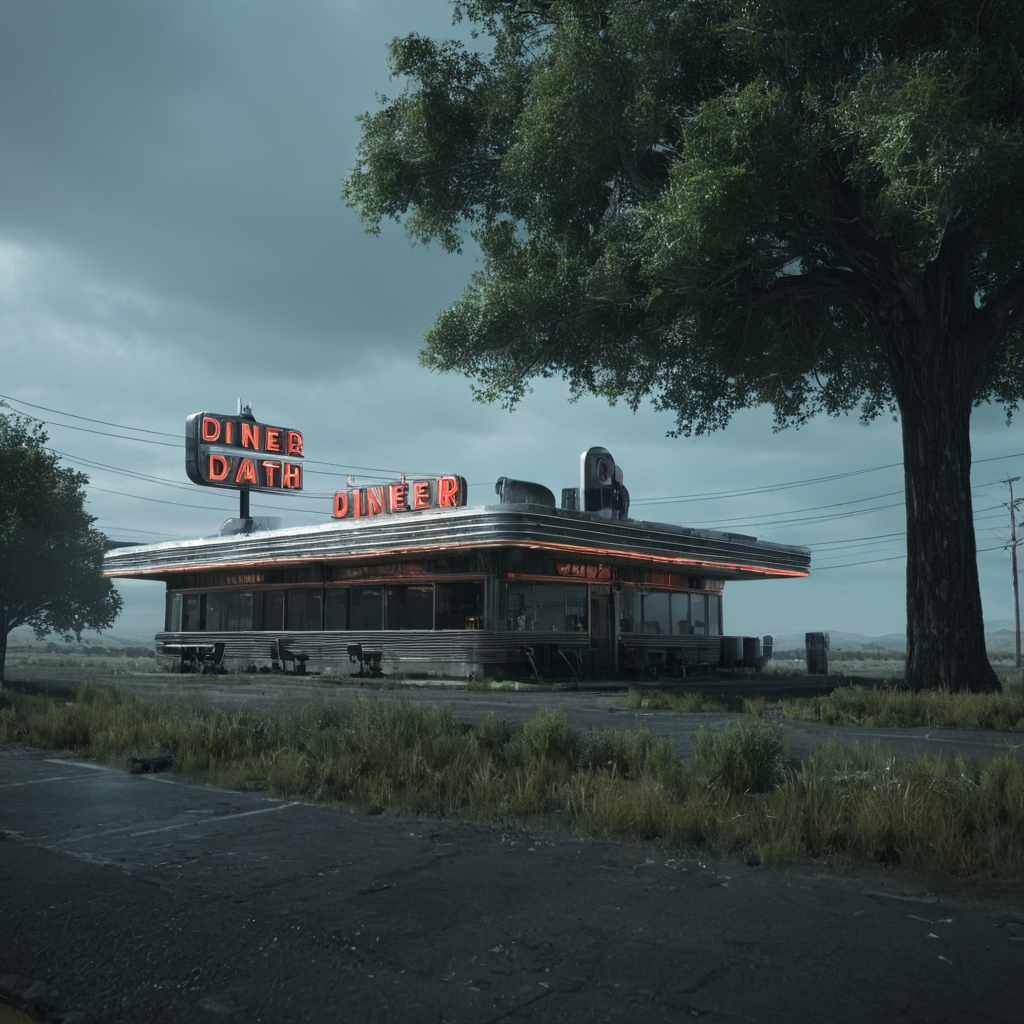 professional 3d model of  <lora:LoDe+Ro style:1>
a diner with a sign that says diner,outdoors,day,blurry,tree,no humans,grass,plant,ground vehicle,building,scenery,sign,road,lamppost,real world location,LoDe+Robots Style,Love Death + Robots style,Love,Death & Robots style,animated,horror,dark,black,apocalyptic,dystopian,domination , dramatic light, cyberpunk, LoDe+Ro style, octane render, highly detailed, volumetric, dramatic lighting