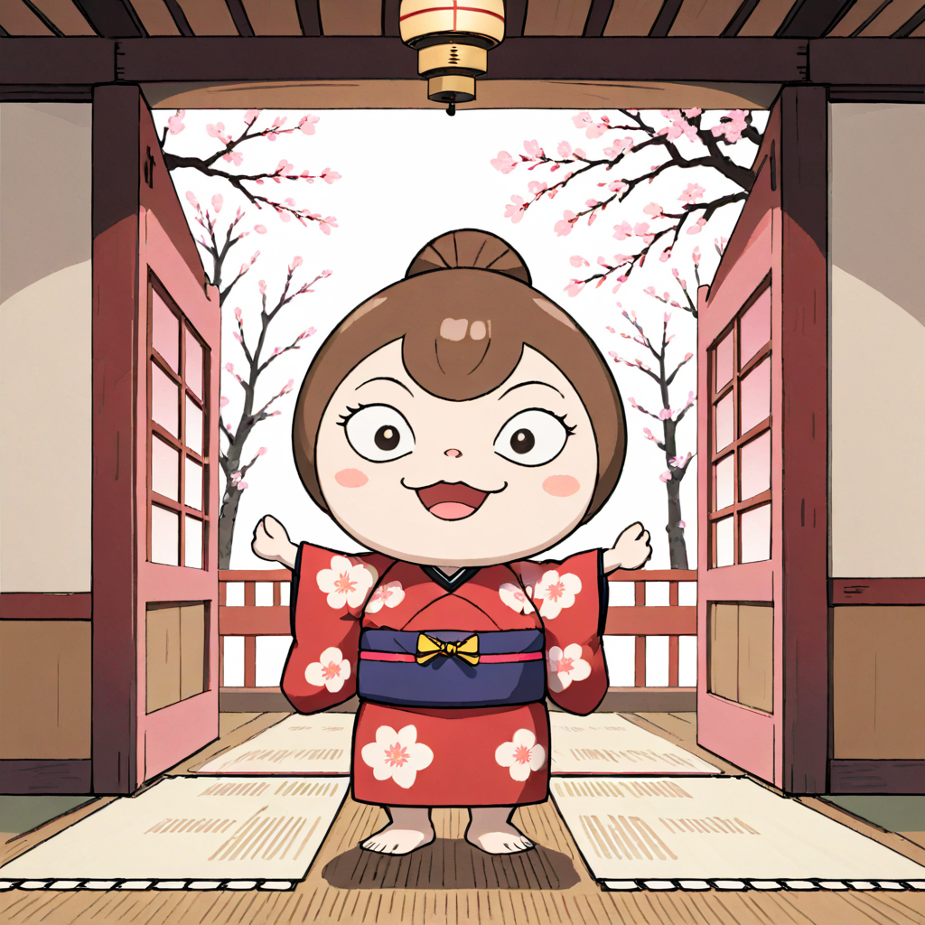 A photorealistic image of an anthropomorphic pudding character dressed in a traditional Japanese kimono. The pudding should have cute facial features like eyes, a mouth, and maybe even tiny arms. The kimono should be intricately designed, showcasing the beauty of Japanese culture. The setting could be a traditional Japanese room with tatami mats and sliding doors, or perhaps under a cherry blossom tree. The character should exude a sense of elegance and cultural richness, capturing the essence of a 'beauty in kimono,<lora:anpan:0.65>