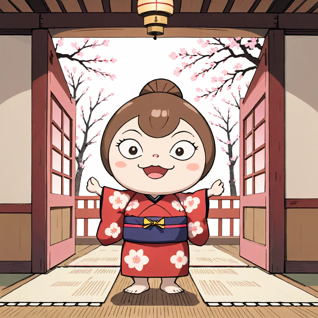 A photorealistic image of an anthropomorphic pudding character dressed in a traditional Japanese kimono. The pudding should have cute facial features like eyes, a mouth, and maybe even tiny arms. The kimono should be intricately designed, showcasing the beauty of Japanese culture. The setting could be a traditional Japanese room with tatami mats and sliding doors, or perhaps under a cherry blossom tree. The character should exude a sense of elegance and cultural richness, capturing the essence of a 'beauty in kimono,<lora:anpan:0.65>
