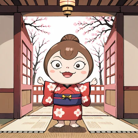 A photorealistic image of an anthropomorphic pudding character dressed in a traditional Japanese kimono. The pudding should have cute facial features like eyes, a mouth, and maybe even tiny arms. The kimono should be intricately designed, showcasing the beauty of Japanese culture. The setting could be a traditional Japanese room with tatami mats and sliding doors, or perhaps under a cherry blossom tree. The character should exude a sense of elegance and cultural richness, capturing the essence of a 'beauty in kimono,<lora:anpan:0.65>