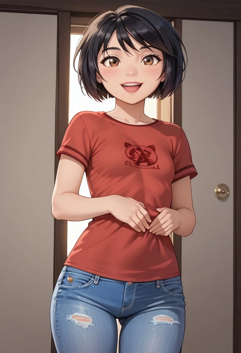 score_9, score_8_up, score_7_up, anime_screencap, source_anime, (beautiful lighting, beautiful style), (vivid colors), 1080P,, realistic , deep skin,, high quality, highres, , 1girl,  cute, , YI, 1girl, short hair, black hair, brown eyes, red shirt, short sleeves, blue denim shorts, grey pantyhose, small breasts, smile, solo, open mouth