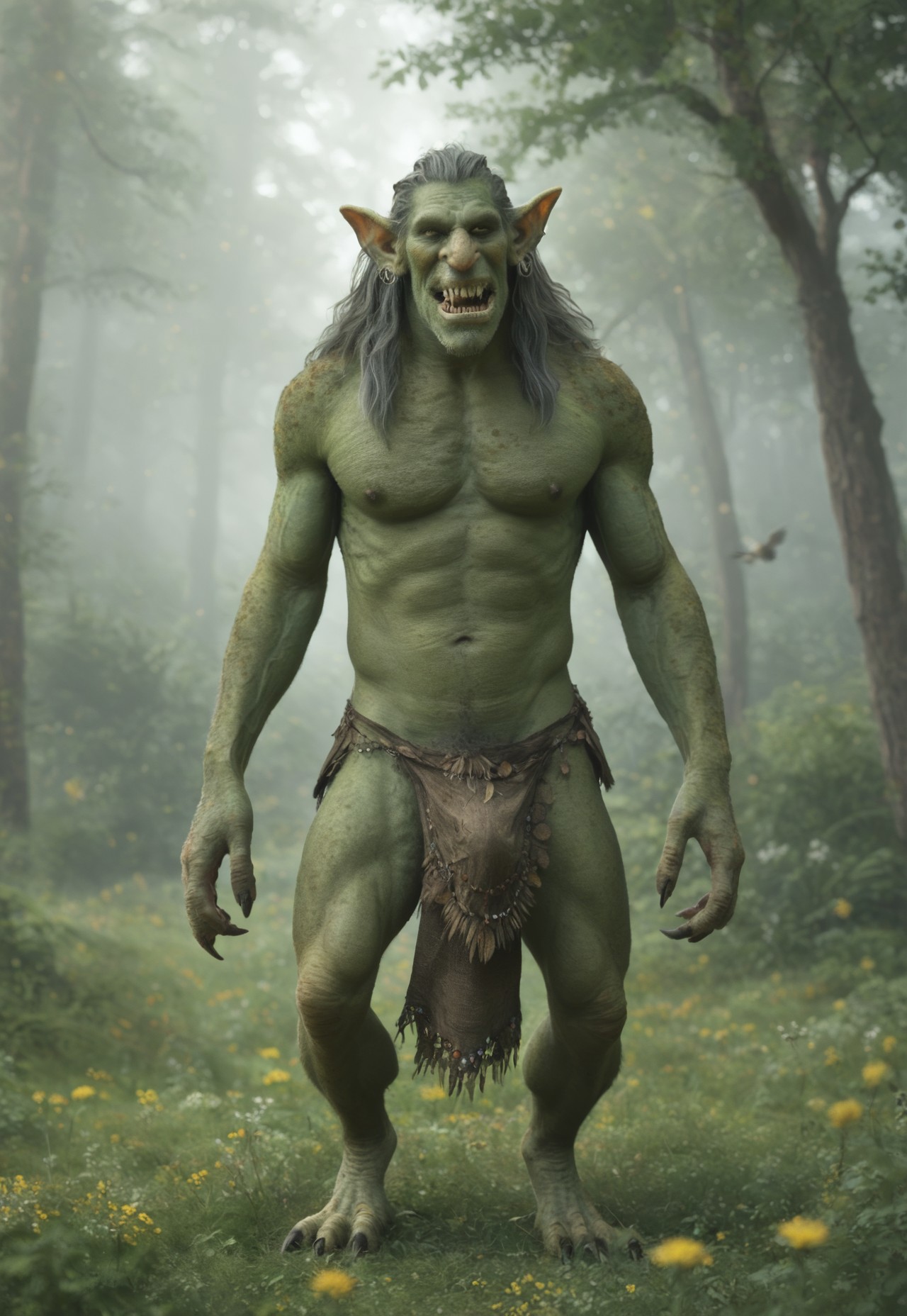 1 Dnd_Troll, the image is a digital drawing featuring 1 fantastical humanoid creatures standing , detailed outdoor background, trees, flowers, birds, sunset, troll, toothy grin, huge, long arms, green skin that transitions from white at the top to light gray at the bottom.  its fur is a mix of dark green and gray appearing rough and unkempt. it has a wild untamed look with sharp jagged teeth visible in its open mouth and its eyes are a piercing yellow. its fur extends down its arms and legs which end in clawed hands and feet. it wears a tattered dirty loincloth made of a dark coarse material cinched at the waist. dnd_troll claws loincloth monster no humans standing horns teeth male focus green skin simple background sharp teeth 1boy colored skin full body tusks  muscular