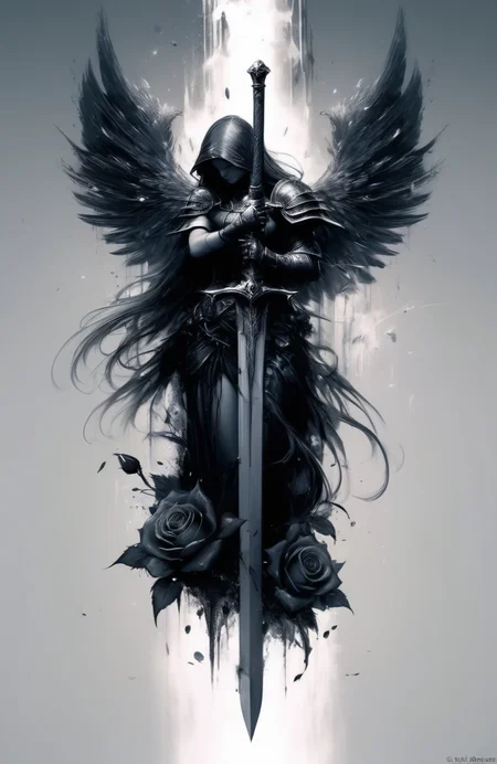 a tattoo design with a winged angel holding a sword, she is the queen of black roses, It covers itself with its wings, wings are folded, render, beautiful depiction, huge oversized sword, bowed his head, dark ominous mood, angel in plastic armor, intricately proportional, fantasy shield, very very very beautiful art, broken roses <lora:add-detail-xl:1>, Digital Artwork