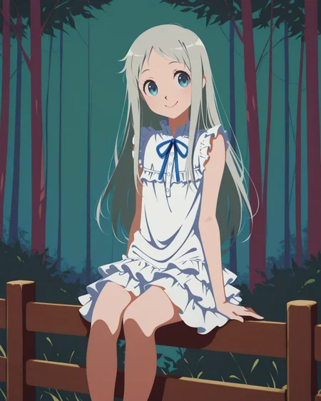 masterpiece,best quality,higres illustration,detailed face,1girl,<lora:minimaltoon_IL:1>,minimalism,smile,sitting,honma meiko,forest,fence,