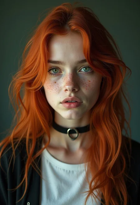 Create a hyper-realistic portrait of a young woman with vibrant, long red hair, gently tousled and flowing over her shoulders. She has striking green eyes with captivating intensity and delicate freckles sprinkled across her fair skin. The expression on her face is serene yet slightly melancholic, with soft, natural makeup highlighting her features. She wears a black choker with a metallic ring in the center, paired with a casual black jacket over a white t-shirt. The lighting is soft and even, with a subtle, moody background in shades of dark green, ensuring the focus remains on her unique, ethereal beauty. Capture a slightly faded, cinematic atmosphere with high detail on facial textures.