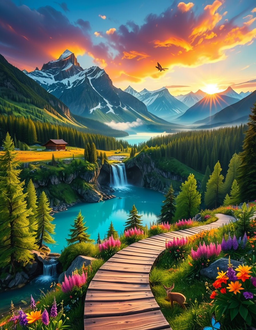 A breathtaking, high-resolution photograph of the most beautiful place on Earth, where natureâs wonders blend in perfect harmony. Towering, snow-capped mountains rise majestically in the background, their peaks glowing under the golden hues of a setting sun. Below, a crystal-clear turquoise lake reflects the colors of the sky, surrounded by lush, green forests filled with ancient trees, vibrant wildflowers, and cascading waterfalls. A soft mist rises from the valley, adding a dreamlike quality to the scene. In the distance, rolling meadows stretch toward the horizon, dotted with colorful flowers and serene wildlifeâgraceful deer grazing, birds soaring in the sky, and butterflies dancing in the breeze. A wooden footpath winds through the landscape, leading to a secluded, tranquil spot where the beauty of nature can be fully admired. The air is crisp and filled with the soothing sounds of rustling leaves, flowing water, and distant birdsong. The sky above is a masterpiece of colorsâdeep oranges, purples, and pinks blending seamlessly as the sun sets, casting a magical glow over this untouched paradise. The atmosphere is peaceful, awe-inspiring, and filled with a deep sense of wonder and tranquility, as if stepping into a perfect dream.
<lora:SDXLFaeTastic2400:0.4> <lora:extremely_detailed:0.4> extremely detailed, <lora:Earth_P4r4d1s3:1>,Earth P4r4d1s3, Masterpiece,best quality,hi res,8k,hi res,8k,award winning,(sharp focus, intricate, highly detailed),