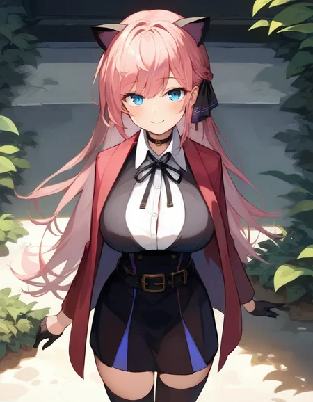 score_9,score_8_up,score_7_up,score_6_up BREAK official art,solo,outdoors,smile,cowboy shot,looking at viewer,facing viewer,Vivi,cat ears,long hair,pink hair,hair ribbon,black ribbon,sidelocks,bangs,blue eyes,choker,red coat,black dress,collared shirt,white shirt,shirt under dress,neck ribbon,white button,long sleeves,black gloves,large breasts,black belt,black thighhighs,zettai ryouiki,boots,black footwear,<lora:Vivi(v atmi)-Pony:1.4>,<lora:Smooth Anime Style LoRA XL:0.8>,