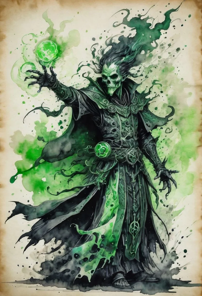 black ink and green watercolor on parchment, plague priest using mystical power, deformed, sick body, chaotic mutations