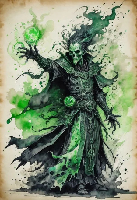 black ink and green watercolor on parchment, plague priest using mystical power, deformed, sick body, chaotic mutations