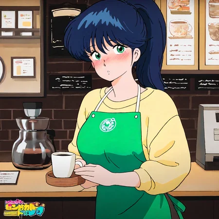 <lora:KOR_MadokaAyukawaXLIllustrious002>,
masterpiece,best quality,good quality,newest,
indoors,coffee shop,
blush,parted lips,
looking at viewer,
solo,
MadokaAyukawa,1girl,blue hair,high ponytail,green eyes,
breasts,yellow sweater,aqua apron,logo,