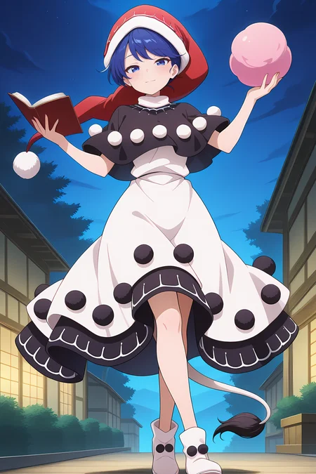 absurdres, highres, masterpiece, best quality, amazing quality, official anime artwork, screencap, anime screencap, outdoors, looking at viewer, light smile, dynamic pose, night, 
 <lora:Doremy-Sweet_Illustrious:1> doremy sweet, 1girl, solo, blue eyes, blue hair, short hair, tapir tail,, black capelet, white dress, nightcap, red hat, pom pom \(clothes\), white footwear, holding book,