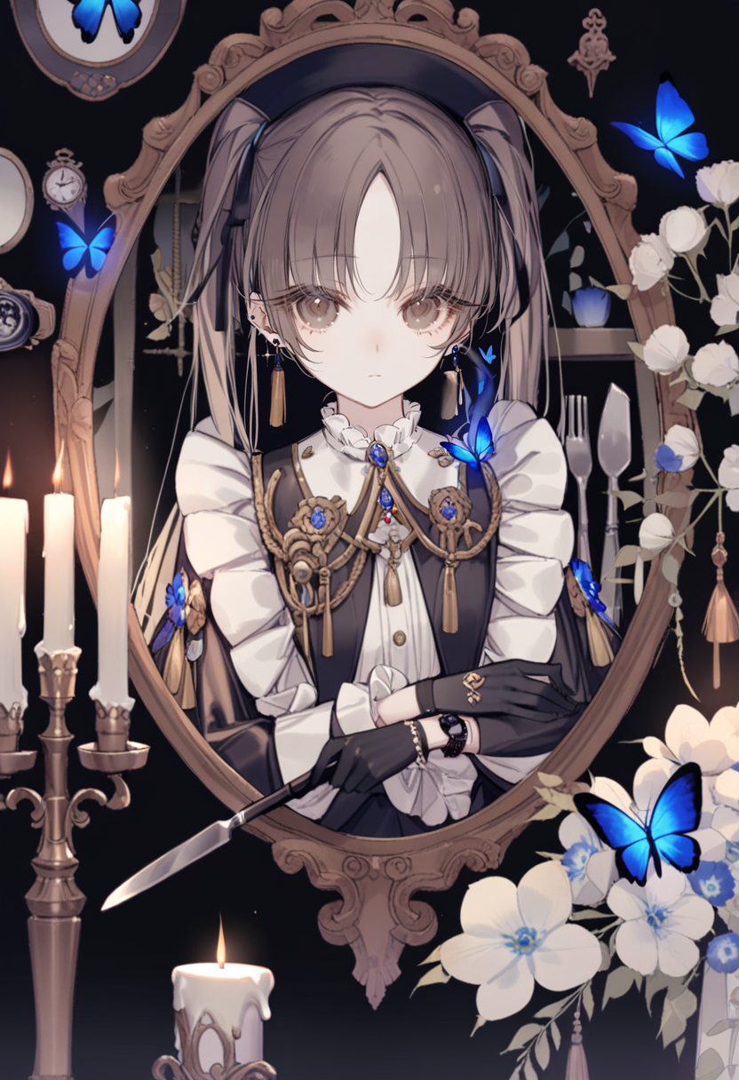 masterpiece, best quality, <lora:yoggiXL_ANI31_lokr_V43P1:0.95>  1girl, candle, flower, solo, bug, jewelry, hat, butterfly, long hair, picture frame, earrings, black headwear, gloves, white flower, long sleeves, looking at viewer, blue butterfly, fork, black background, upper body, candlestand, blue flower, tassel, branch, black gloves, clock, twintails, closed mouth, knife, watch, gem, brown eyes, expressionless, frills, parted bangs, dress, fire, black hair, brown hair, shirt, mirror