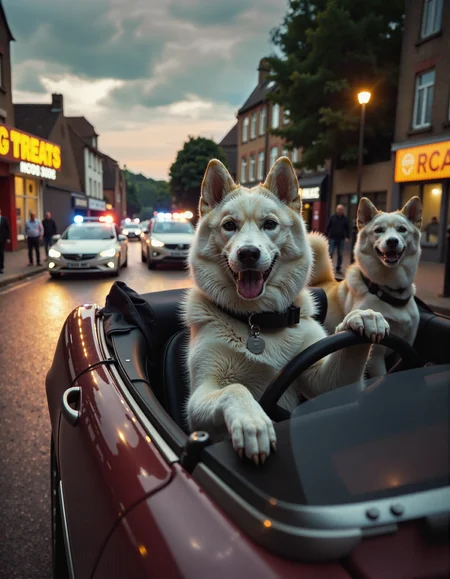 a cinematic scene, a car is speeding away from the scene of the crime, a shop with a big sign that says "DOG TREATS", the getaway driver is a white husky called Willow, and with her are her dog gang members, In the background police cars can be seen with sirens flashing about to chase in what is a dramatic and tense picture