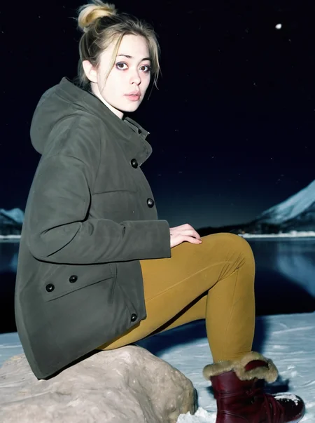 analog photograph of 1girl looking like Kristen_Sims_P_MXAI_SDXL , sad expression, wearing a winter coat, wearing winter pants, wearing winter boots, sitting on a rock by a frozen mountain lake, midnight, moonlight, shot from the side, PA7_Portrait-FL filmgrain