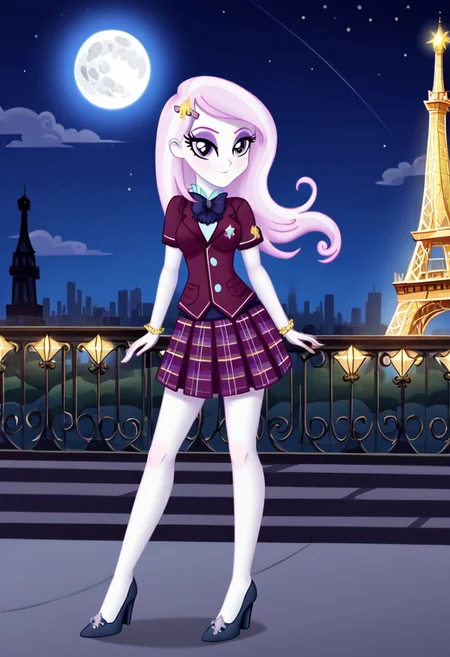 (High Resolution), (More Details), (8K), (High Resolution), NEGATIVE_HANDS, Fleur-de-lis, Equestria Girls,1 girl, Alone, Normal breasts, High heels, Full body, bare breasts, blouse, bow tie, bracelet, clothing, Crystal Prep Academy, Crystal Prep Shadowbolts, eyeshadow, female, fleur-de-lis outfits, short sleeves, makeup, plaid skirt, pleated skirt, skirt, high heels , Normal hips, Toned, Sexy model body, Beautiful, Sexy, Attractive, Erotic pose, Different erotic and sensual poses, Erotic, Strolling through the streets of Paris, France, At night, big full moon, Eiffel Towers