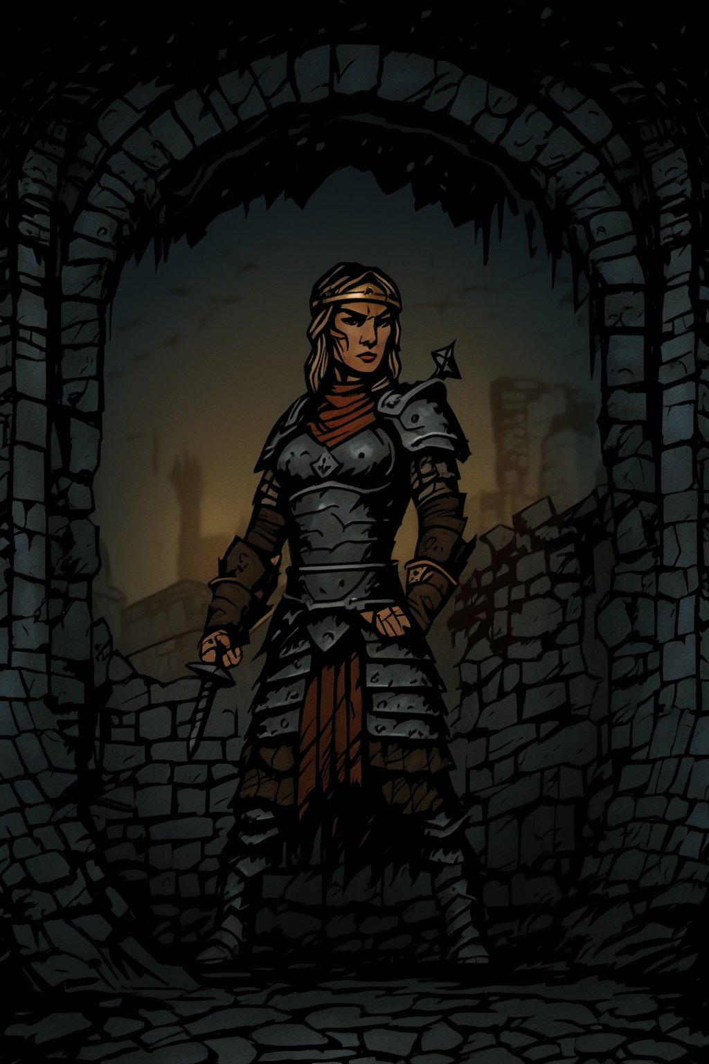 ddstyle, a female warrior in the ruins, bokeh <lora:DarkestDungeonSDXL:1.0>