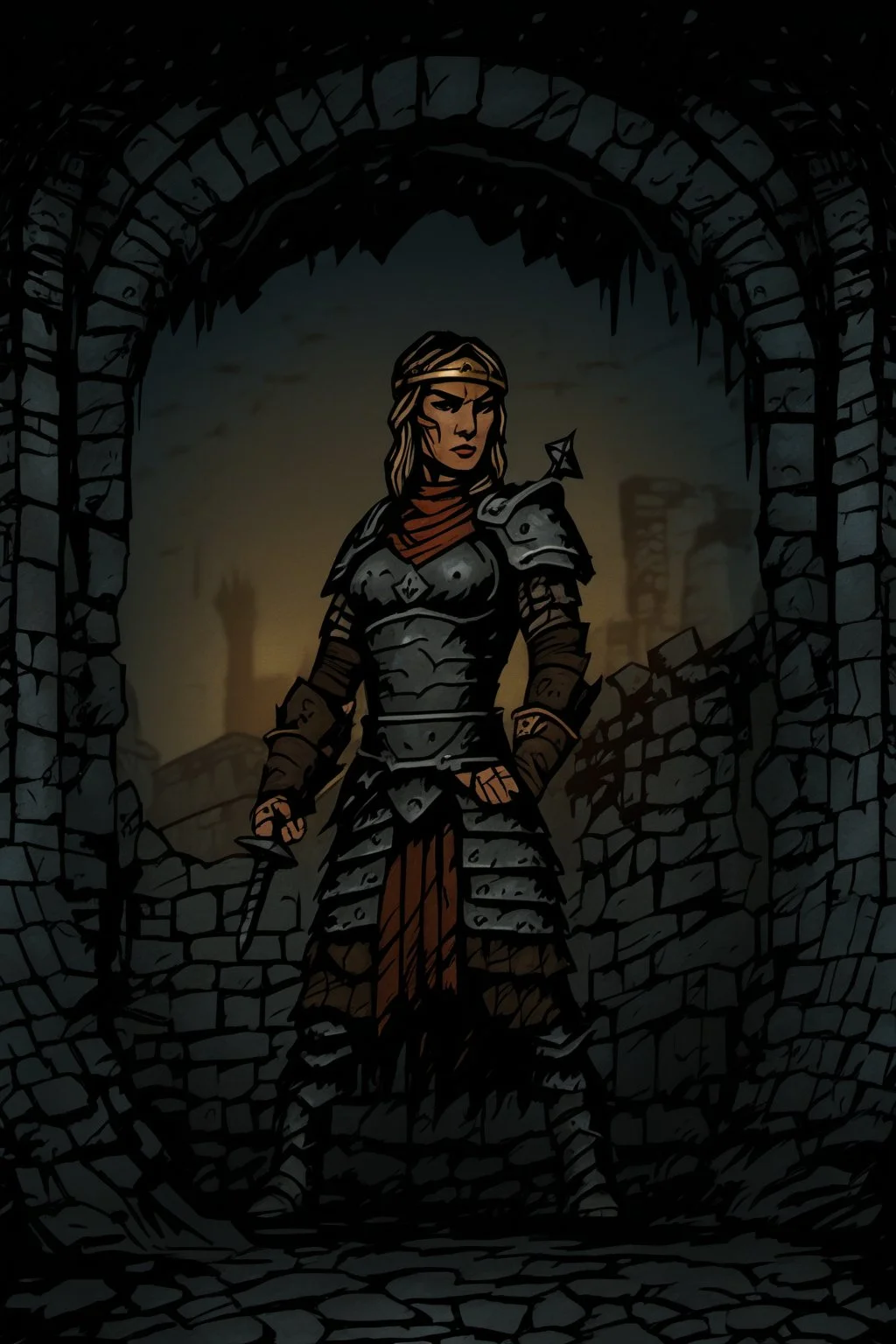 ddstyle, a female warrior in the ruins, bokeh <lora:DarkestDungeonSDXL:1.0>