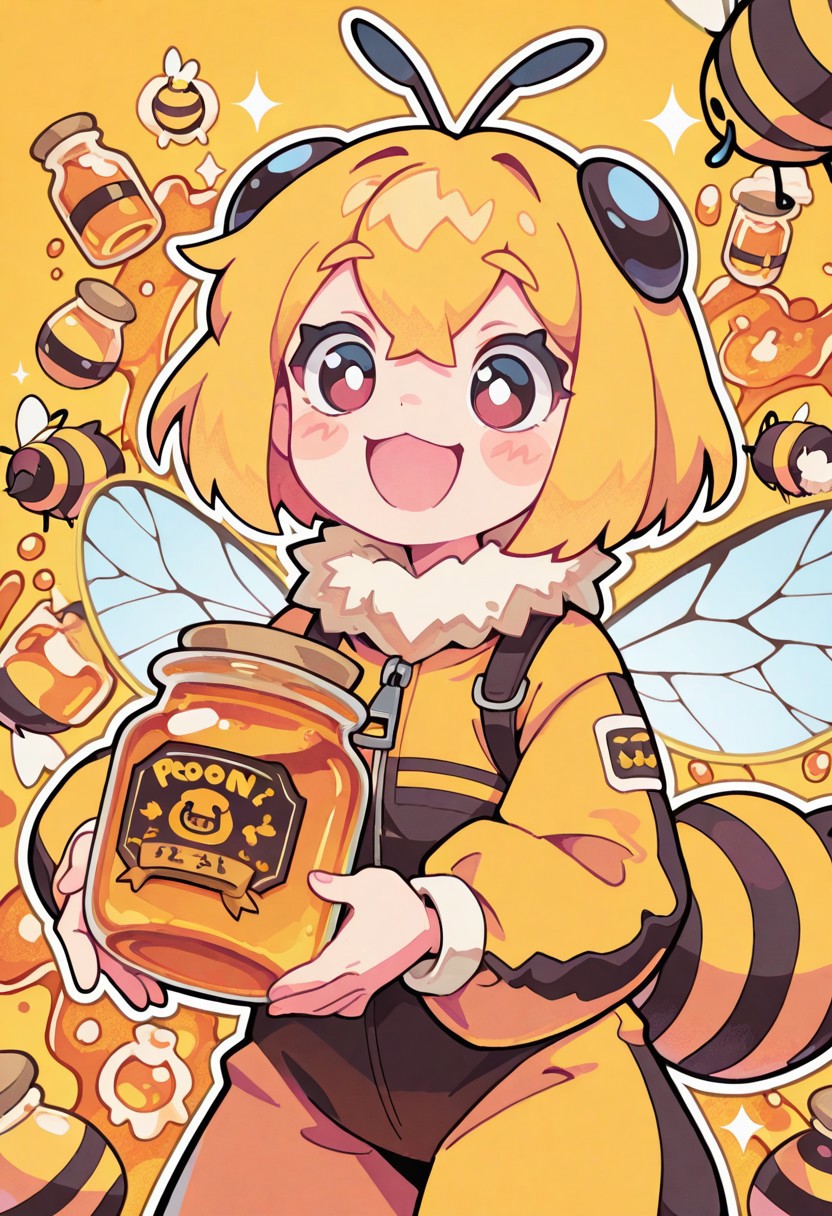 1 girl , solo , bumblebee costume , honey jar , holding honey jar , cute , happy , bee antenna , bee wings ,
masterpiece, best quality ,amazing quality ,S4bit4mago_illu , Protoneon  ,s0wasow4rt_illu,