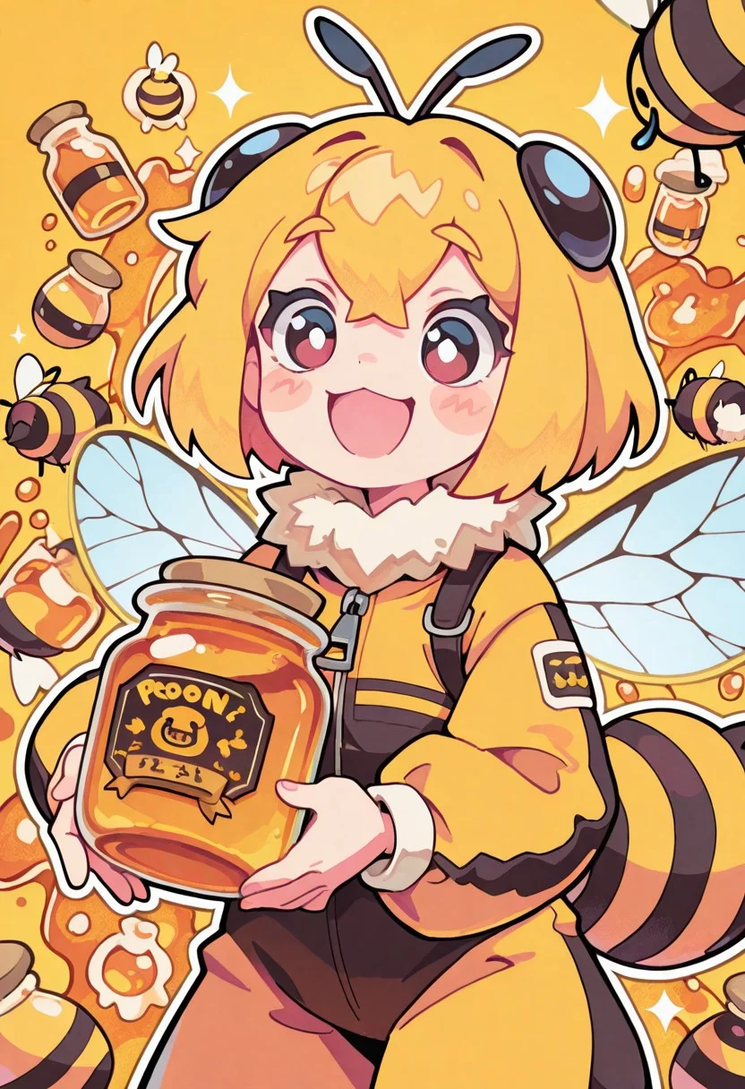 1 girl , solo , bumblebee costume , honey jar , holding honey jar , cute , happy , bee antenna , bee wings ,
masterpiece, best quality ,amazing quality ,S4bit4mago_illu , Protoneon ,s0wasow4rt_illu,