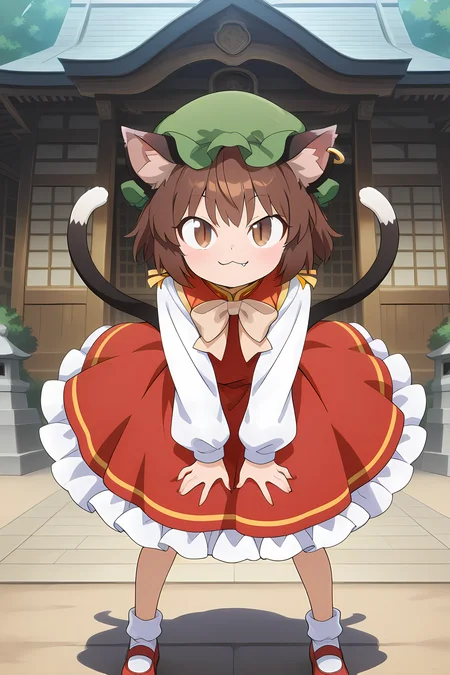 absurdres, highres, masterpiece, best quality, amazing quality, official anime artwork, screencap, anime screencap, looking at viewer, :3, fang, moriya shrine, outdoors,
<lora:Chen_Illustrious:1> chen, 1girl, solo, brown hair, short hair, brown eyes, cat tail, two tails, cat ears,, mob cap, green hat, single earring, red dress, dynamic pose,
<lora:xl_neco-arc(kohaku_delta):1> neco-arc, slit eyes,