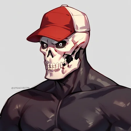score_9, score_8_up, score_7_up, solo, portrait, 1boy, skullm@geddon, skull head, white pupils, black skin, red baseball cap,