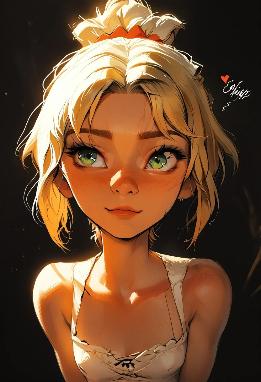 Source_anime, a woman, cute perfect face, (score_9, score_8_up, score_7_up), 1girl, 18 years old, petite, [shortstack], narrow waist, small hips, gorgeous girl ,kawai girl ,  glitter makeup, oiled body, sweaty, blonde hair, short hair, ponytail, red scrunchie cute face, cute girl, looking away, Expressiveh, 1girl. sweat, naughty smile, looking at viewer, large and thin neck, thin, fit body, small ass, small waist, short hair small chest, wide eyes, green eyes, freckles, blonde hair, short hair, Ponytail, small perky breasts, flat chest, puffy nipples, young face, kinky, adorable, petite, DB_Senya dress, wedding dress, round face, 18 years old, cutest girl in the world, cleavage, looking up, volumetric lighting, dramatic lighting, high contrast, horny, head tilted back, raw, depth of field, loving look, looking up, relaxed mouth, noises, sound effects, motion lines, action effects, hearts, floating hearts,(slim fit), , blurry background, light particles, ethereal, rating_explicit, dynamic angle, ncpy13 style, pastels drawing, dark background, motion lines, motion blur