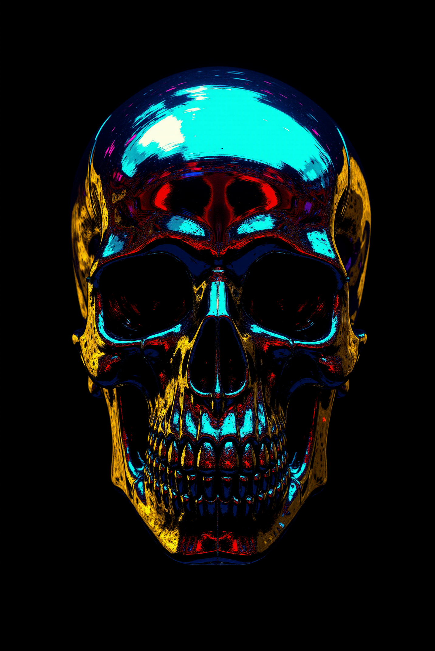 <lora:FANCHA_v.4:0.8> Fancha style.  This striking image features a hyper-stylized skull with a mirror-like, metallic finish set against a stark black background, creating a sense of dramatic isolation. The skullâs surface is glossy and reflective, with a prismatic array of vibrant colorsâelectric blues, fiery oranges, rich purples, and flashes of red and yellowâflowing seamlessly across its contours. These colors appear as streaks and swirls, almost as if neon lights are refracting across the smooth, glassy texture, giving the skull a fluid, almost liquid-metal appearance.  The play of light and color emphasizes the bone structure with sharp highlights and deep shadows, making the hollows of the eyes, nose, and jaw appear ominous and cavernous. This blend of metallic sheen with intense, chromatic reflections lends a futuristic and surreal quality, reminiscent of cyberpunk or digital art aesthetics. The overall composition feels both eerie and hypnotic, combining themes of mortality with a sense of modern, synthetic beauty. The minimalist black background intensifies focus on the skull, allowing the colors and intricate reflections to stand out with striking clarity and emphasizing a sense of mysterious allure.