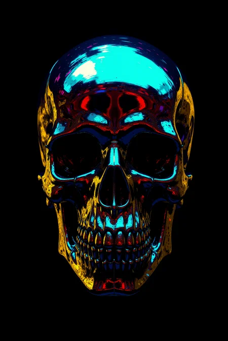 <lora:FANCHA_v.4:0.8> Fancha style. This striking image features a hyper-stylized skull with a mirror-like, metallic finish set against a stark black background, creating a sense of dramatic isolation. The skullâs surface is glossy and reflective, with a prismatic array of vibrant colorsâelectric blues, fiery oranges, rich purples, and flashes of red and yellowâflowing seamlessly across its contours. These colors appear as streaks and swirls, almost as if neon lights are refracting across the smooth, glassy texture, giving the skull a fluid, almost liquid-metal appearance. The play of light and color emphasizes the bone structure with sharp highlights and deep shadows, making the hollows of the eyes, nose, and jaw appear ominous and cavernous. This blend of metallic sheen with intense, chromatic reflections lends a futuristic and surreal quality, reminiscent of cyberpunk or digital art aesthetics. The overall composition feels both eerie and hypnotic, combining themes of mortality with a sense of modern, synthetic beauty. The minimalist black background intensifies focus on the skull, allowing the colors and intricate reflections to stand out with striking clarity and emphasizing a sense of mysterious allure.
