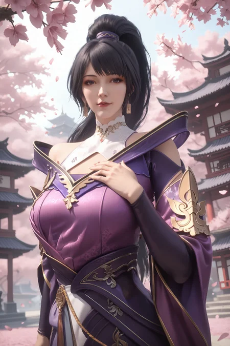 score_9, score_8_up, score_8, source_real,real skin, rating_explicit, mature female, ExpresiveH, best quality, unreal engine,game,cg, very aesthetic, CG, masterpiece, ultra high res, highres, More Details, high rating,Intricate and refined delicate details, looking at viewer,
<lora:age_slider_v4:4>,
<lora:moyuxin:1>, 1girl, solo, ponytail, upper body, purple dress, jewelry, black hair, long hair, dress, earrings, east asian architecture, Cherry blossom, tree, hand on own chest,