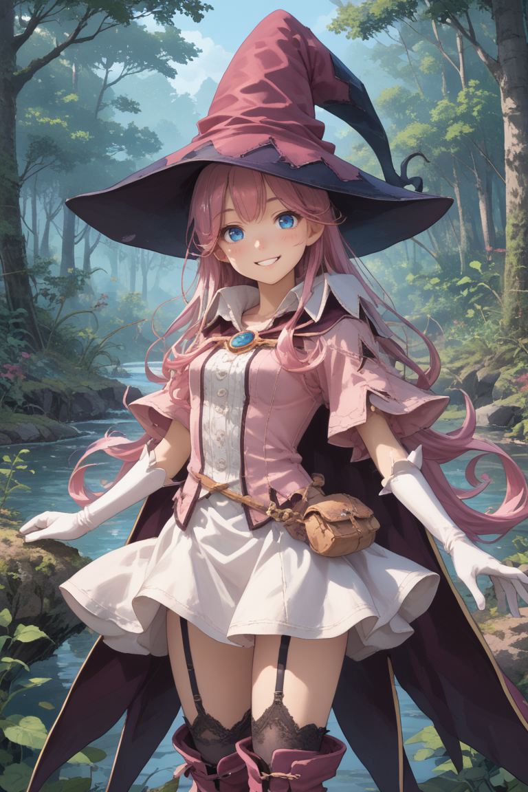 score_9, score_8_up, score_7_up, score_6_up, source_anime, BREAK, <lora:Pamela:0.85> pamdef, 1girl, pink hair, long hair, blue eyes, witch hat, white skirt, witch outfit, white elbow gloves, cape, black zettai ryouiki, thighhighs, garter straps, boots, cowboy shot, looking at viewer, smile, happy, scenery, exterior, outdoors, forest, jungle,  <lora:backgroundsetXL:0.3> , background,
