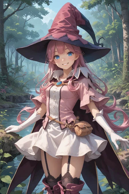 score_9, score_8_up, score_7_up, score_6_up, source_anime, BREAK, <lora:Pamela:0.85> pamdef, 1girl, pink hair, long hair, blue eyes, witch hat, white skirt, witch outfit, white elbow gloves, cape, black zettai ryouiki, thighhighs, garter straps, boots, cowboy shot, looking at viewer, smile, happy, scenery, exterior, outdoors, forest, jungle, <lora:backgroundsetXL:0.3> , background,