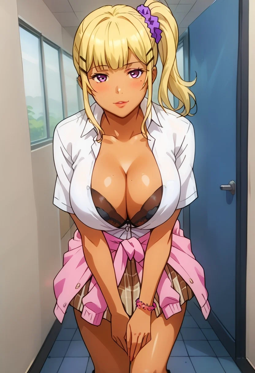 SCORE_9, SCORE_8_UP, SOURCE_ANIME, Expressiveh, HANA AMAKAWA, SKIN TAN, BLONDE HAIR, PURPLE EYES, MOLE UNDER LEFT EYE, OPEN DRESS SHIRT, PINK SWEATER AROUND WAIST, PLAID SKIRT: BEIGE, BRA, HAIR CLIPS, SCRUNCHIE, BRACELET, SOCKS, HORNY EXPRESSION, LEANING FORWARD, TEASING, BREAK, SCHOOL, HALLWAY