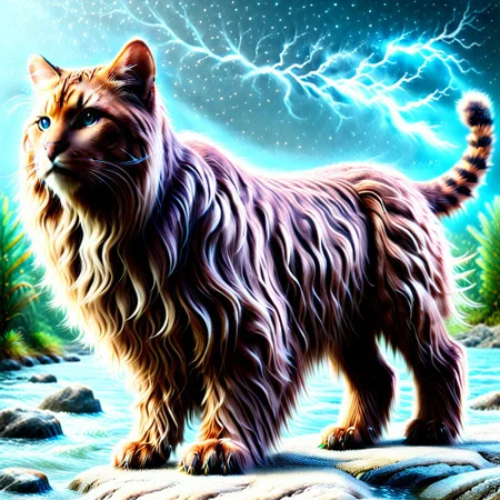 A majestic Bengal cat with a marble-patterned coat, but its fur is wildly long, thick, and fluffy like a Wookiee from Star Wars. The cat stands proudly on a rockbeeside an river clear as  shiny, its oversized Wookiee fur blowing gently in the breeze. The marble pattern glimmers subtly beneath the thick strands. The cat's eyes glow with fierce intelligence, and its tail is bushy like a lion’s mane. Hyperrealistic, fantasy creature, surreal texture fusion, dramatic side lighting, ultra-detailed fur rendering, cinematic mood, inspired by wildlife photography and creature design. Epic lightning