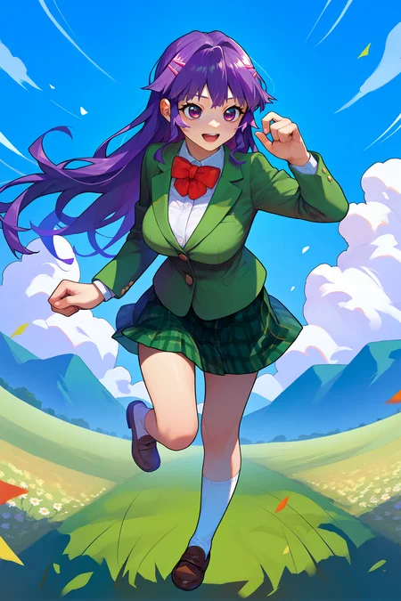 score_9, score_8_up, score_7_up, score_6_up, source_anime, 1girl, solo, <lora:shiinachizuru-pdxl-nvwls-v1-000005:1> schzru, purple hair, long hair, purple eyes, hairclip, large breasts, anime coloring, green blazer, red bow, bowtie, green skirt, plaid skirt, full body, socks, loafers, happy, running, hand up, field, blue sky, clouds
