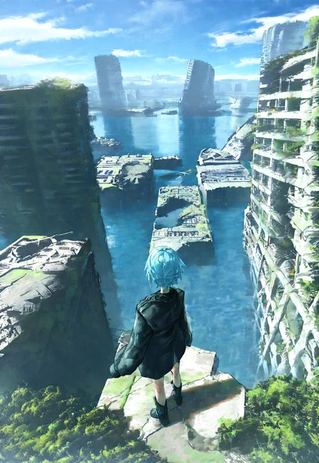 gyoukan \(jfxc\), original, unknown, 1girl, black footwear, black jacket, blue hair, blue sky, boots, building, day, flood, from above, full body, jacket, outdoors, overgrown, post-apocalypse, ruins, scenery, sky, skyscraper, solo, standing, water