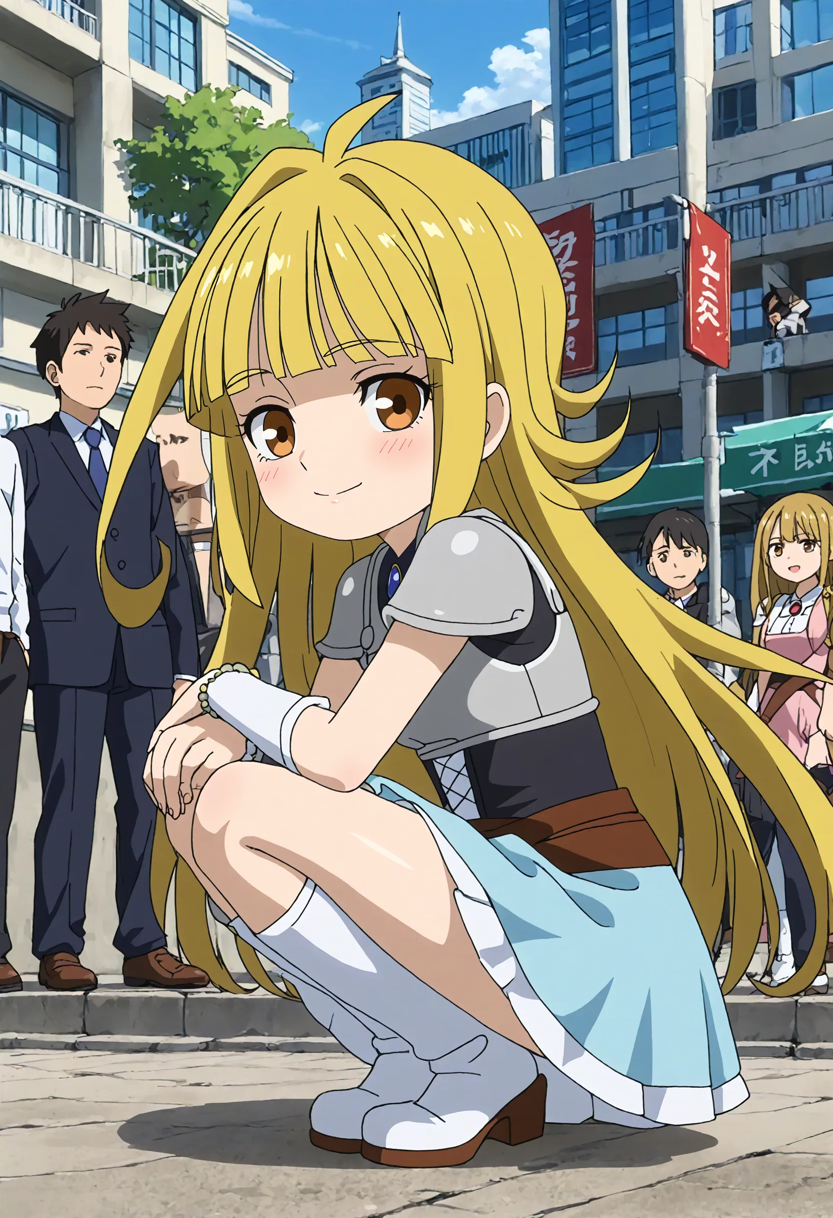 <lora:Hyper-SDXL-8steps-lora:1> <lora:Fixhands_anime_bdsqlsz_V1:1> zPDXL2, score_9, score_8_up, score_7_up, source_anime, intricate details, perfect anatomy BREAK
outdoors, city, tokyo, japan, audience, crowd, squatting,  hugging own legs,  looking at viewer,  from side, Curious, Chin tilted up slightly, eyes wide open, and a slight smile., 1girl, solo, solo focus, 
<lora:driland-mikoto_XL(pony)v10:1> (chibi:0.6), driland-mikoto, blonde hair, long hair, brown eyes, driland-mikoto outfit, armored dress, breastplate, detached sleeves, blue skirt, white boots,